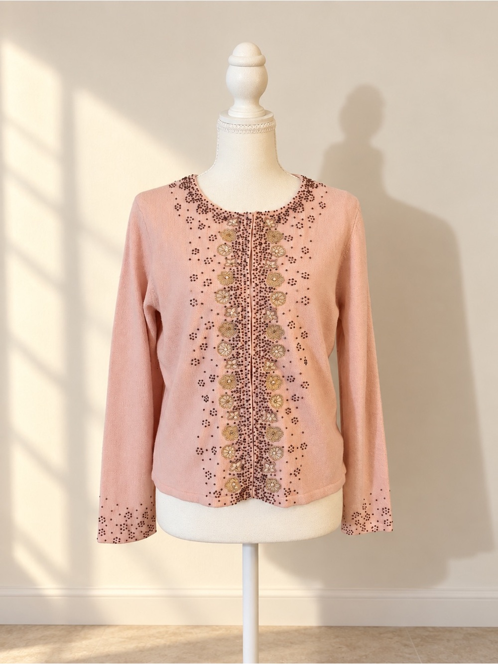 Petite Sophisticate Pink Beaded Floral Cardigan Size 8